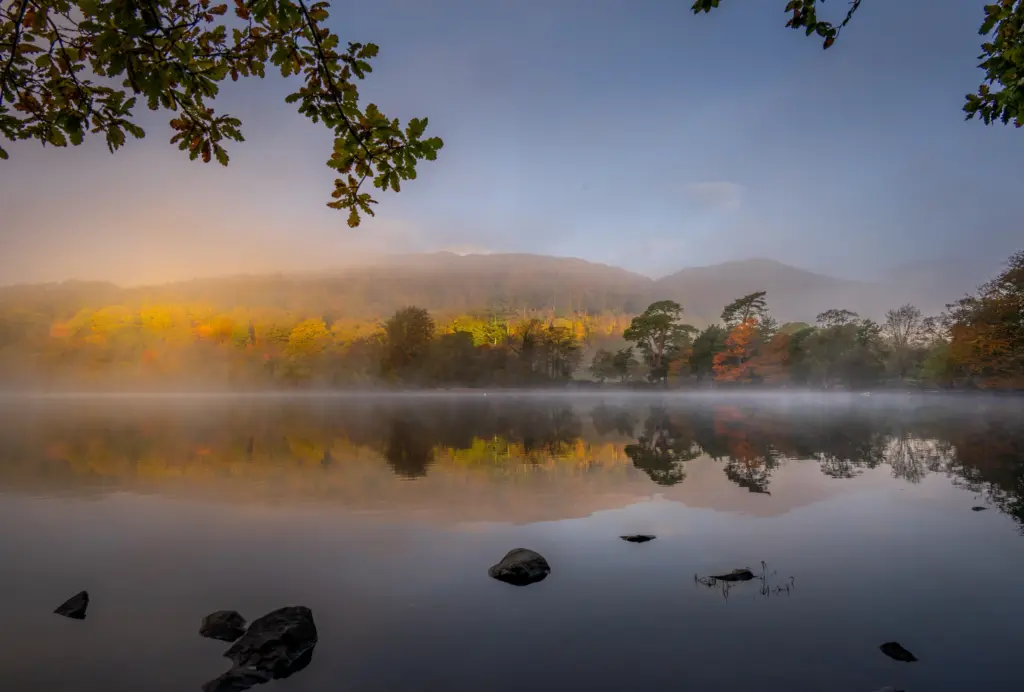 Misty sunrise on Coniston Water with autumnal woodland along the lakeshore