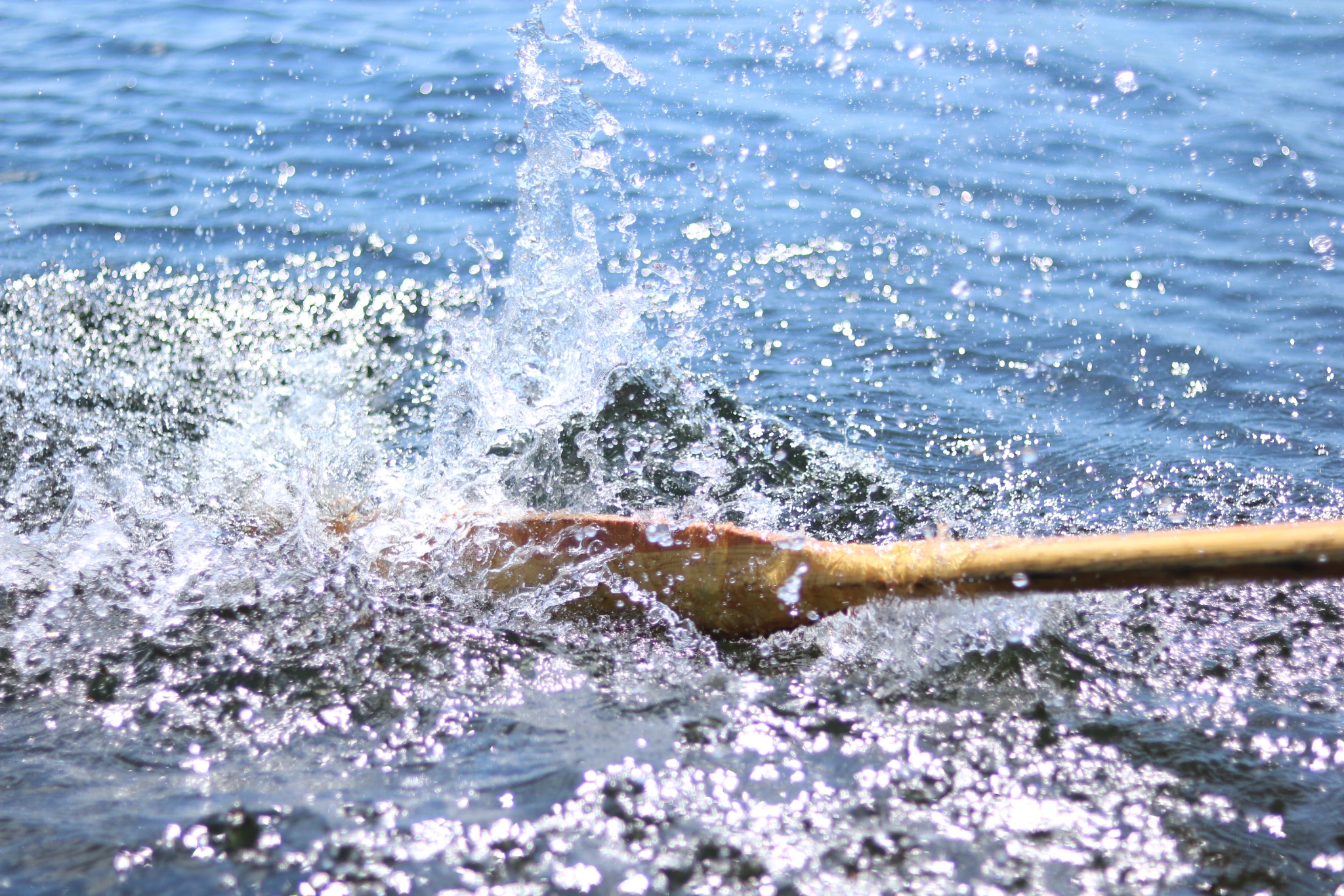 Wooden rowing boat oar splashing into water